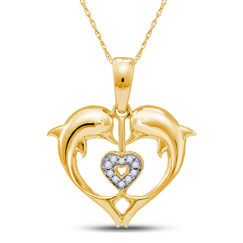 10kt Yellow Gold Women's Diamond Double Dolphin Heart Pendant .03 ctw - view 2