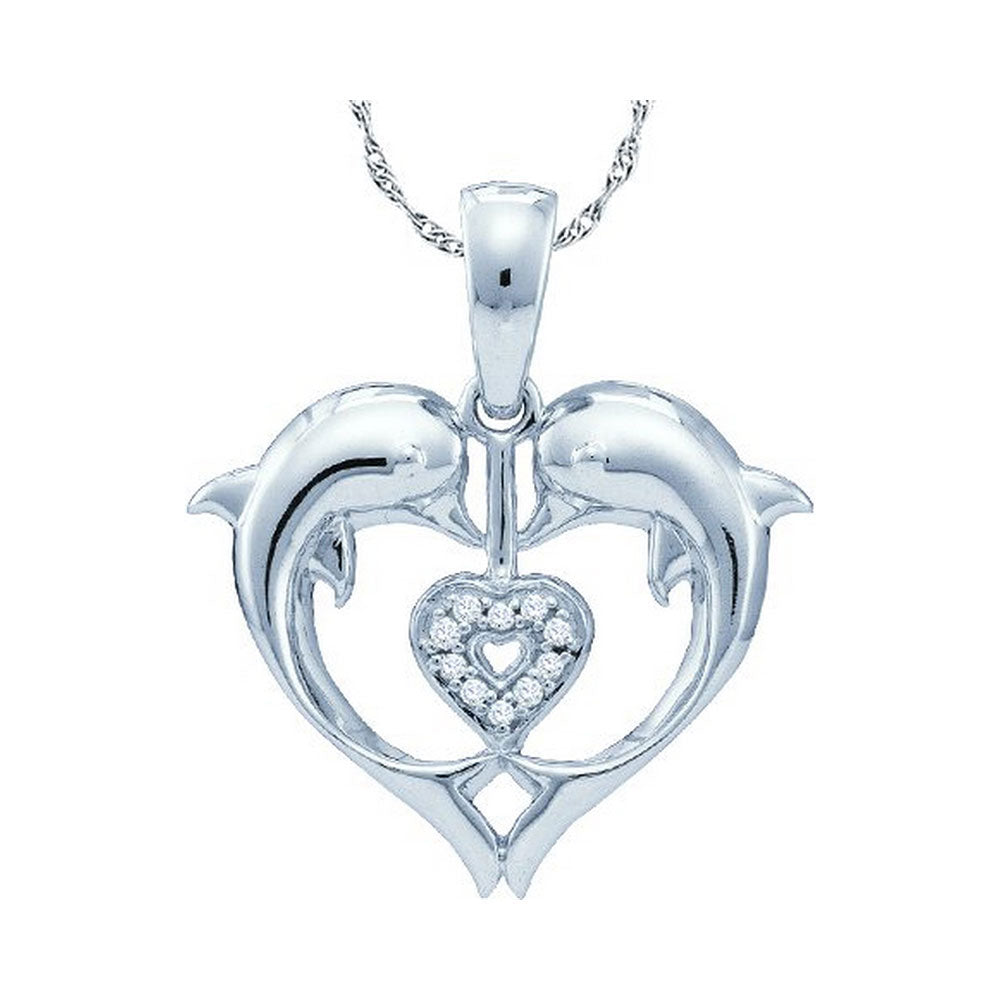 10kt White Gold Women's Diamond Double Dolphin Heart Pendant .03 ctw