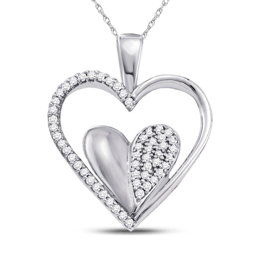 10kt White Gold Women's Diamond Double Cradled Heart Pendant 1/5 ctw