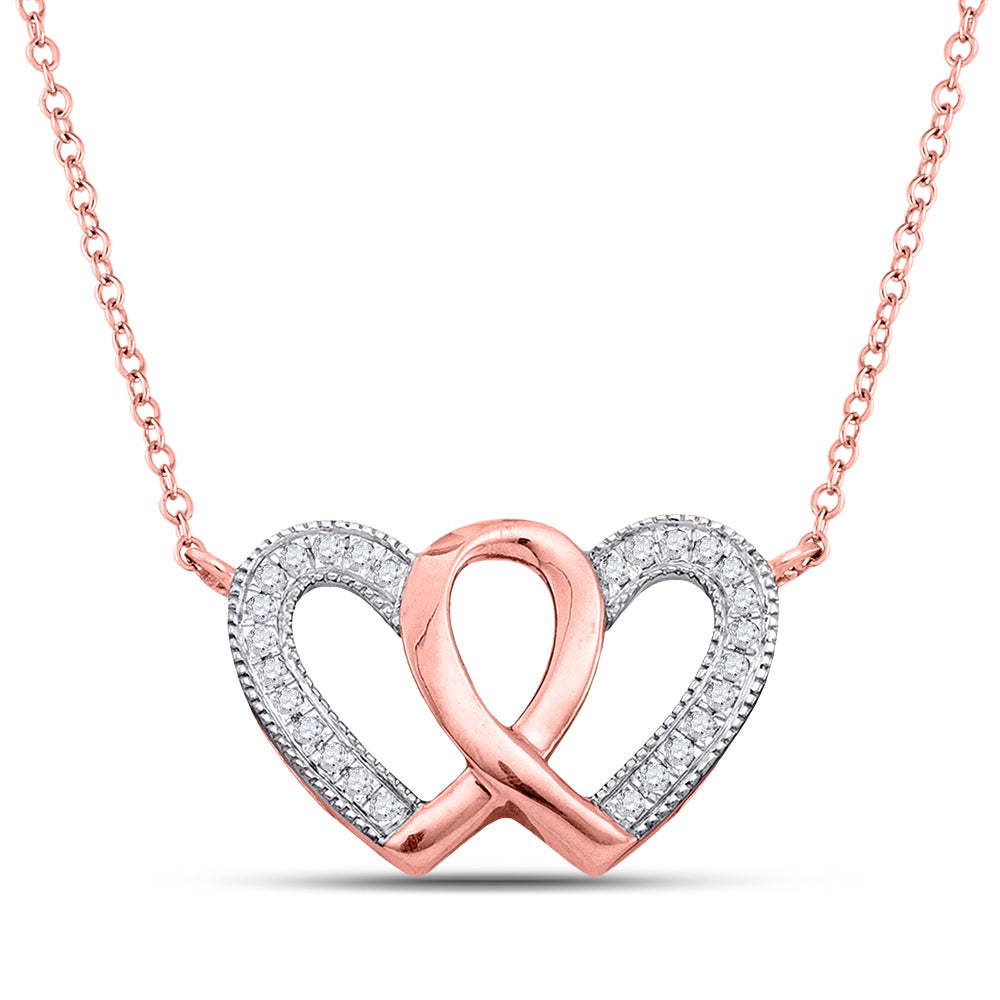 10kt Rose Gold Women's Diamond Double Heart Awareness Ribbon Pendant Necklace 1/10 ctw