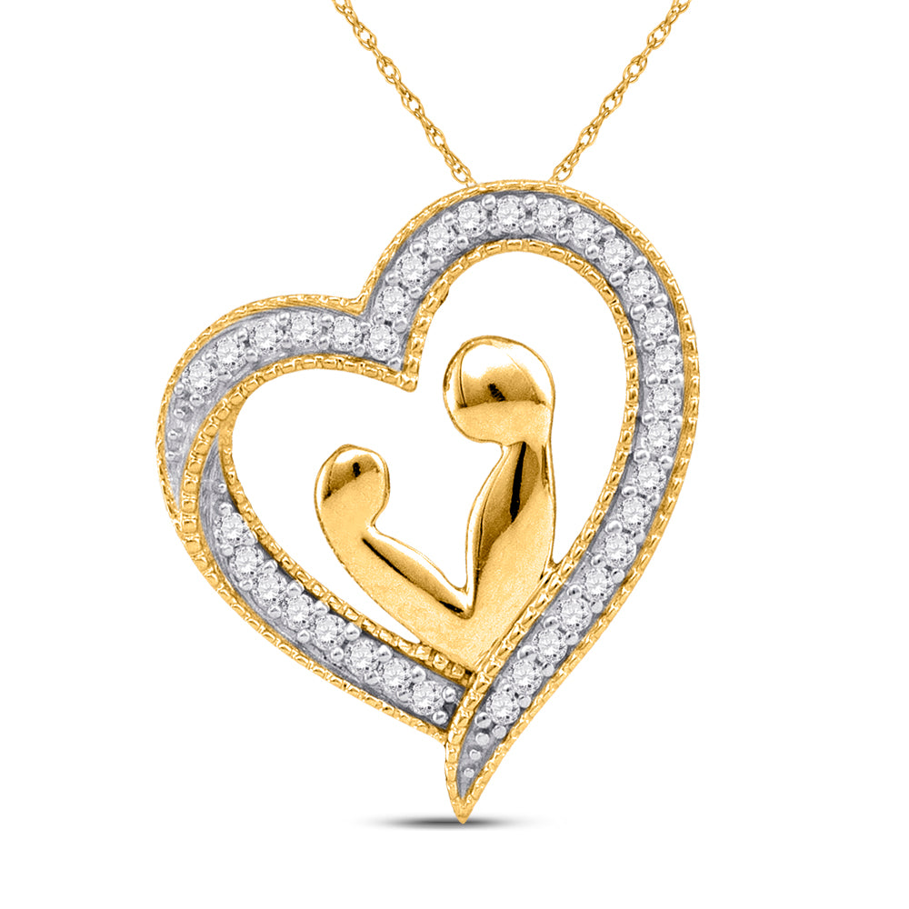 10kt Yellow Gold Women's Diamond Heart Mother Child Embrace Pendant 1/10 ctw