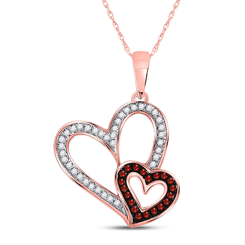 10kt Rose Gold Women's Red Color Enhanced Diamond Double Heart Pendant 1/6 ctw