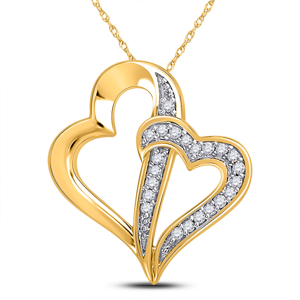 10kt Yellow Gold Women's Diamond Double Linked Heart Pendant 1/20 ctw