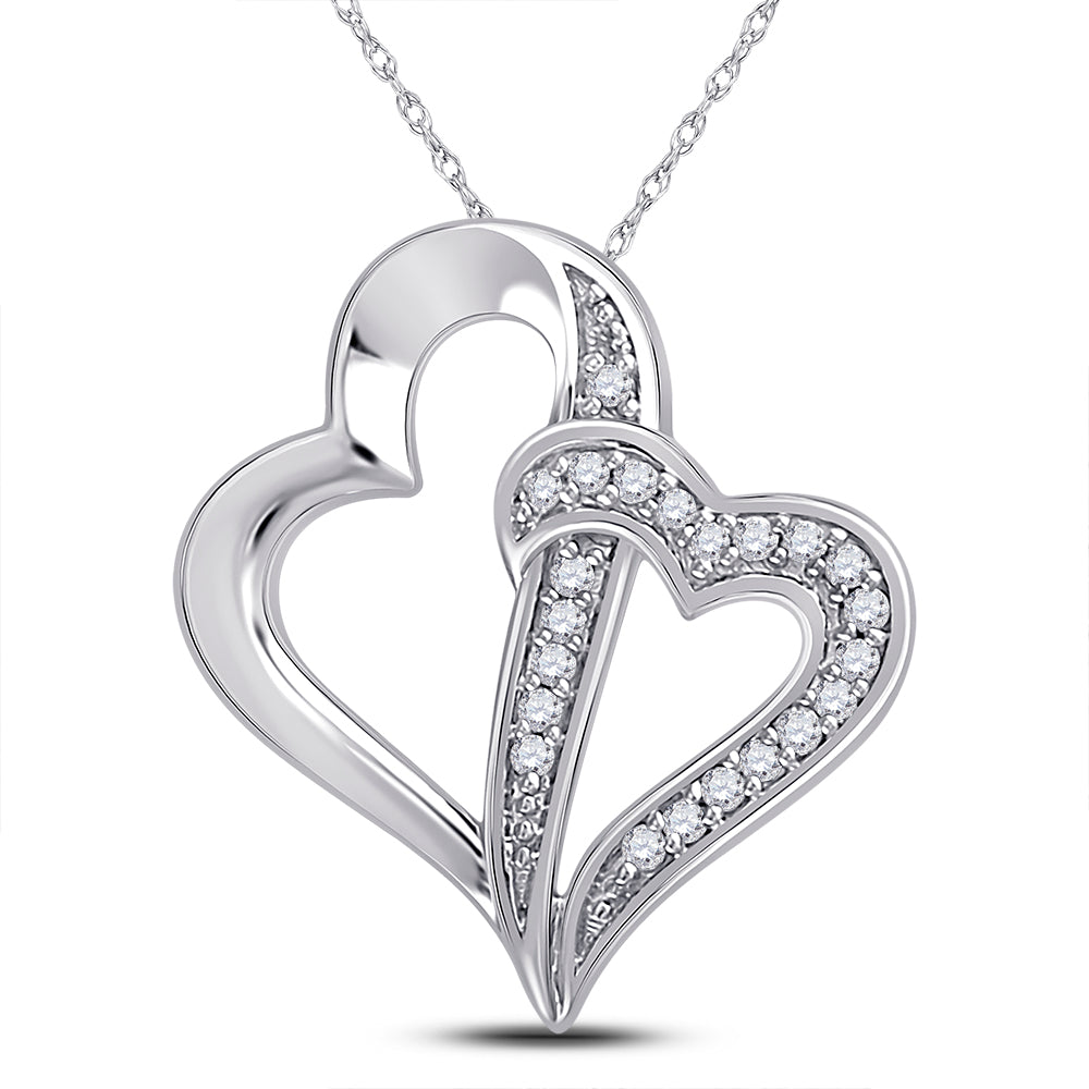 10kt White Gold Women's Diamond Double Linked Heart Pendant 1/20 ctw
