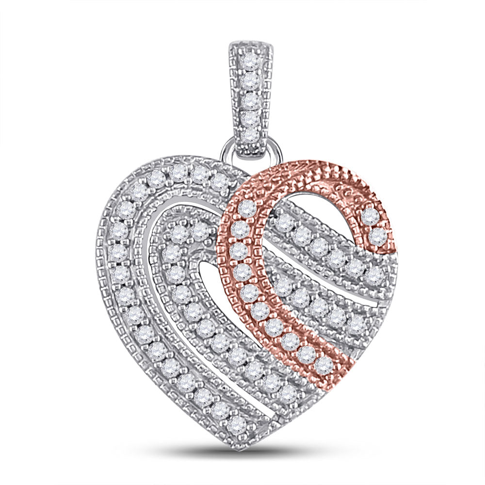 10kt Two-tone Gold Women's Diamond Heart Milgrain Stripe Pendant 1/5 ctw