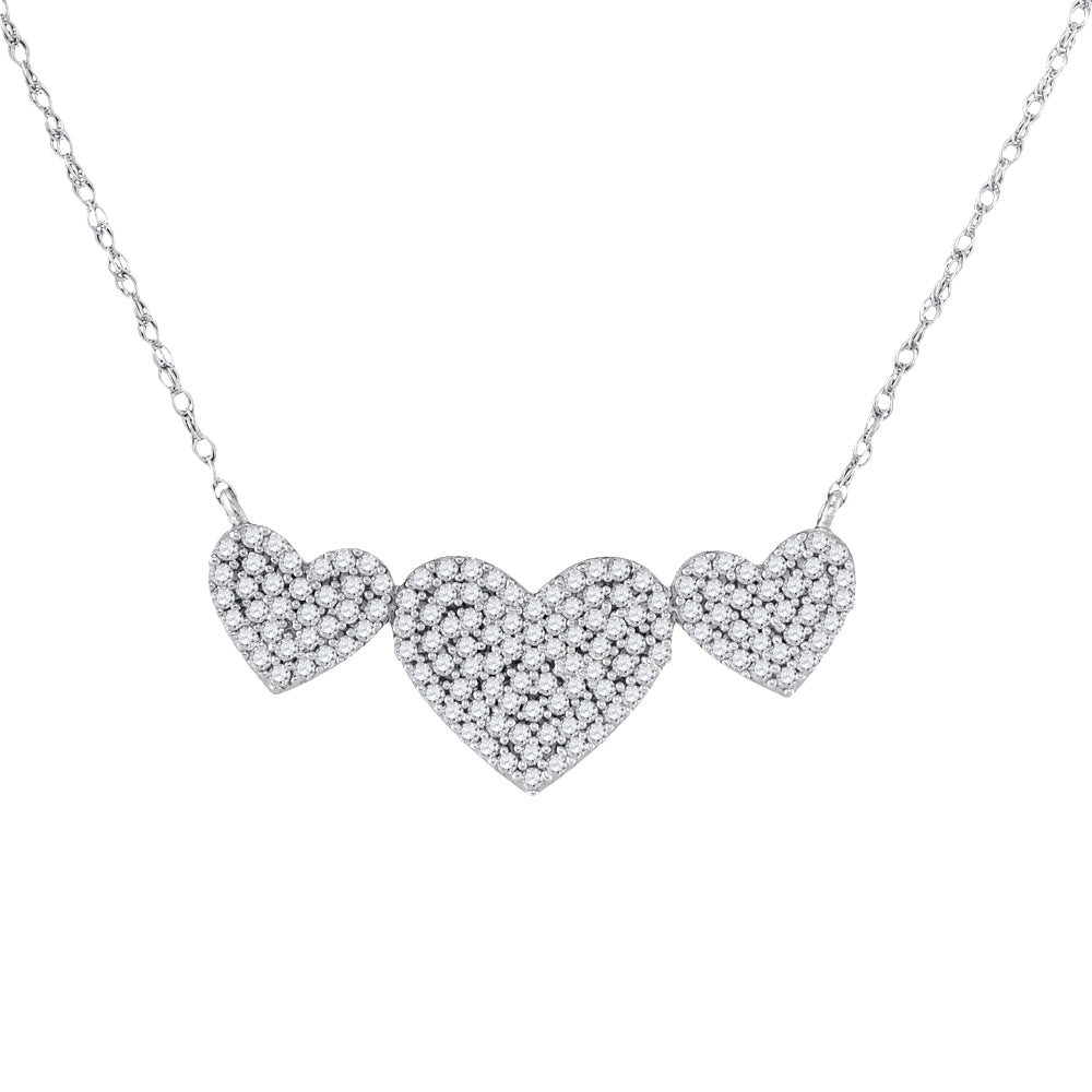 10kt White Gold Women's Diamond Triple Heart Cluster Pendant Necklace 3/8 ctw
