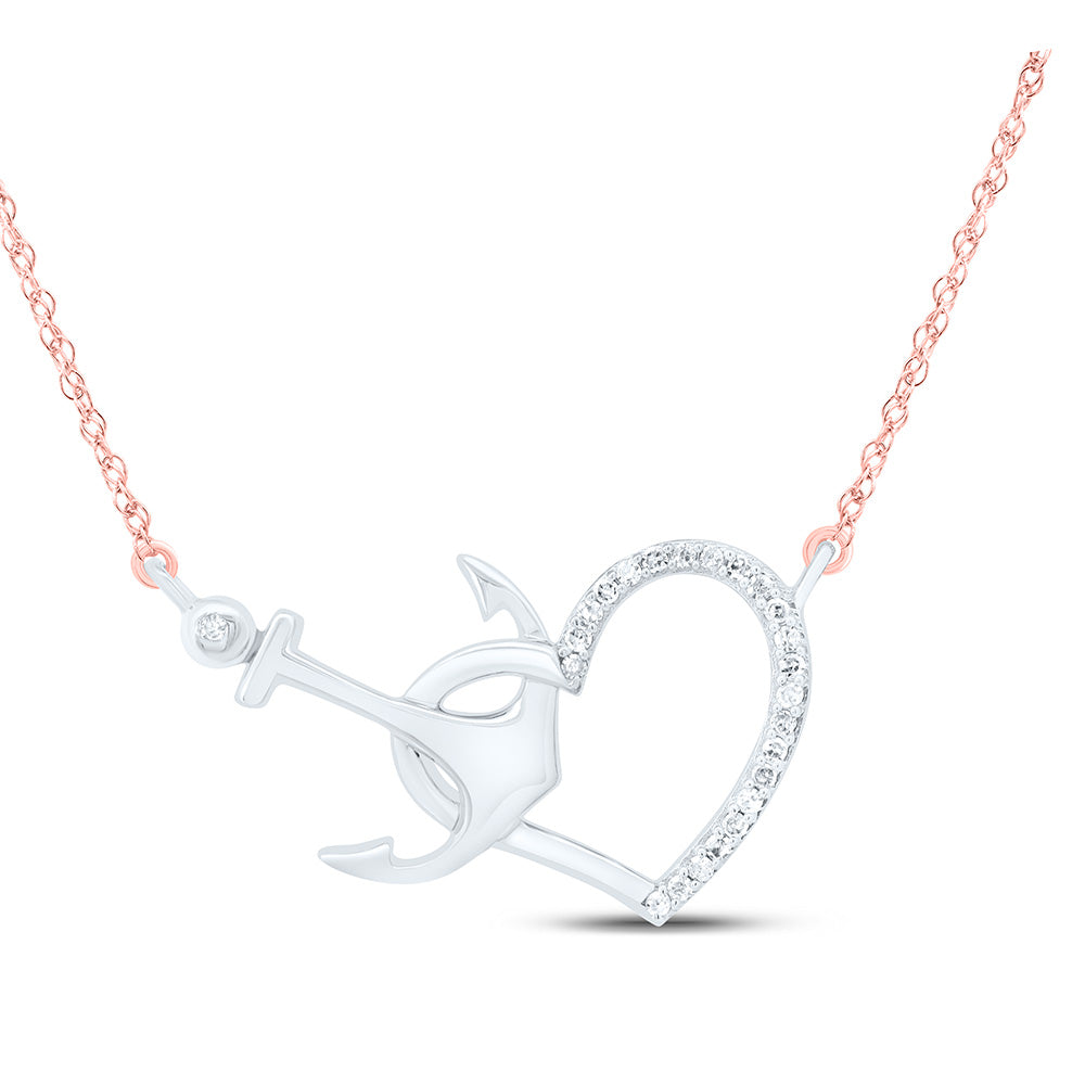 10kt White Gold Women's Diamond Heart & Anchor Pendant Necklace 1/12 ctw
