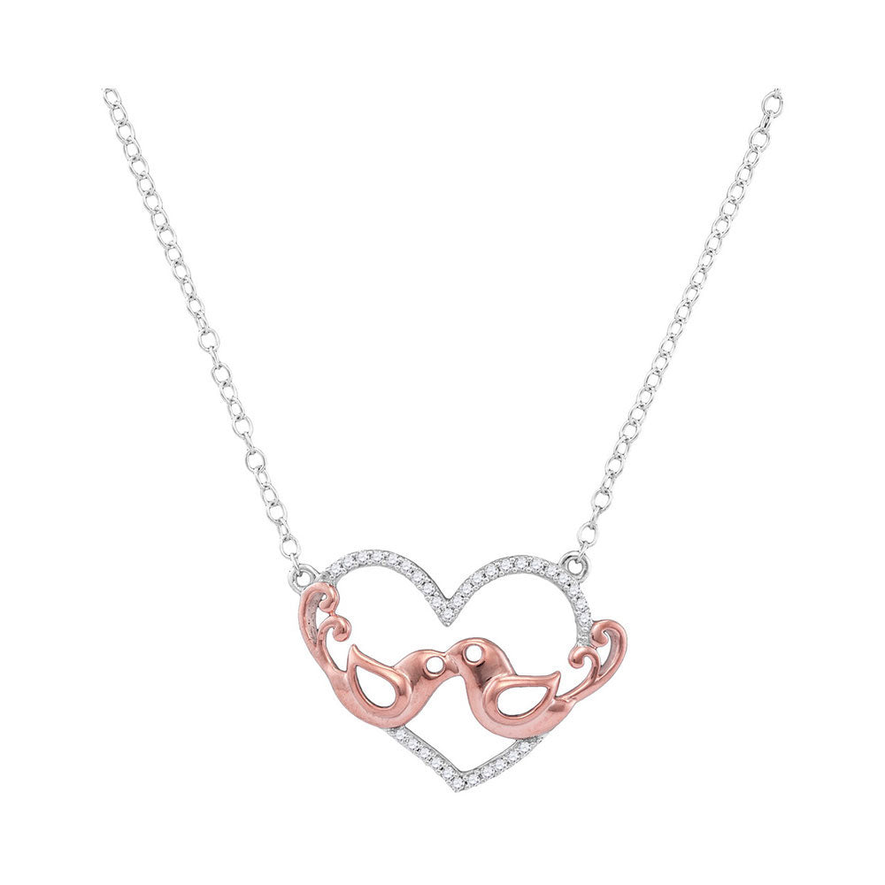 10kt White Gold Women's Diamond Heart Rose-tone Lovebirds Pendant Necklace 1/10 ctw