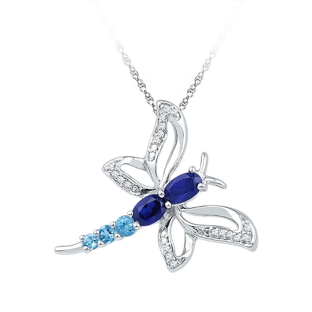 10kt White Gold Women's Oval Lab-Created Blue Sapphire Butterfly Bug Pendant 7/8 ctw