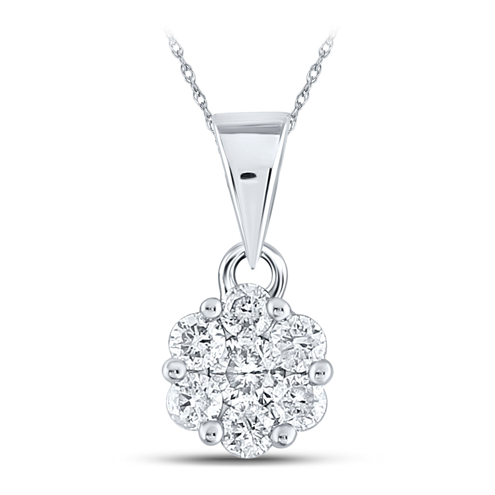 14kt White Gold Womens Round Diamond Flower Cluster Pendant 1/2 Cttw