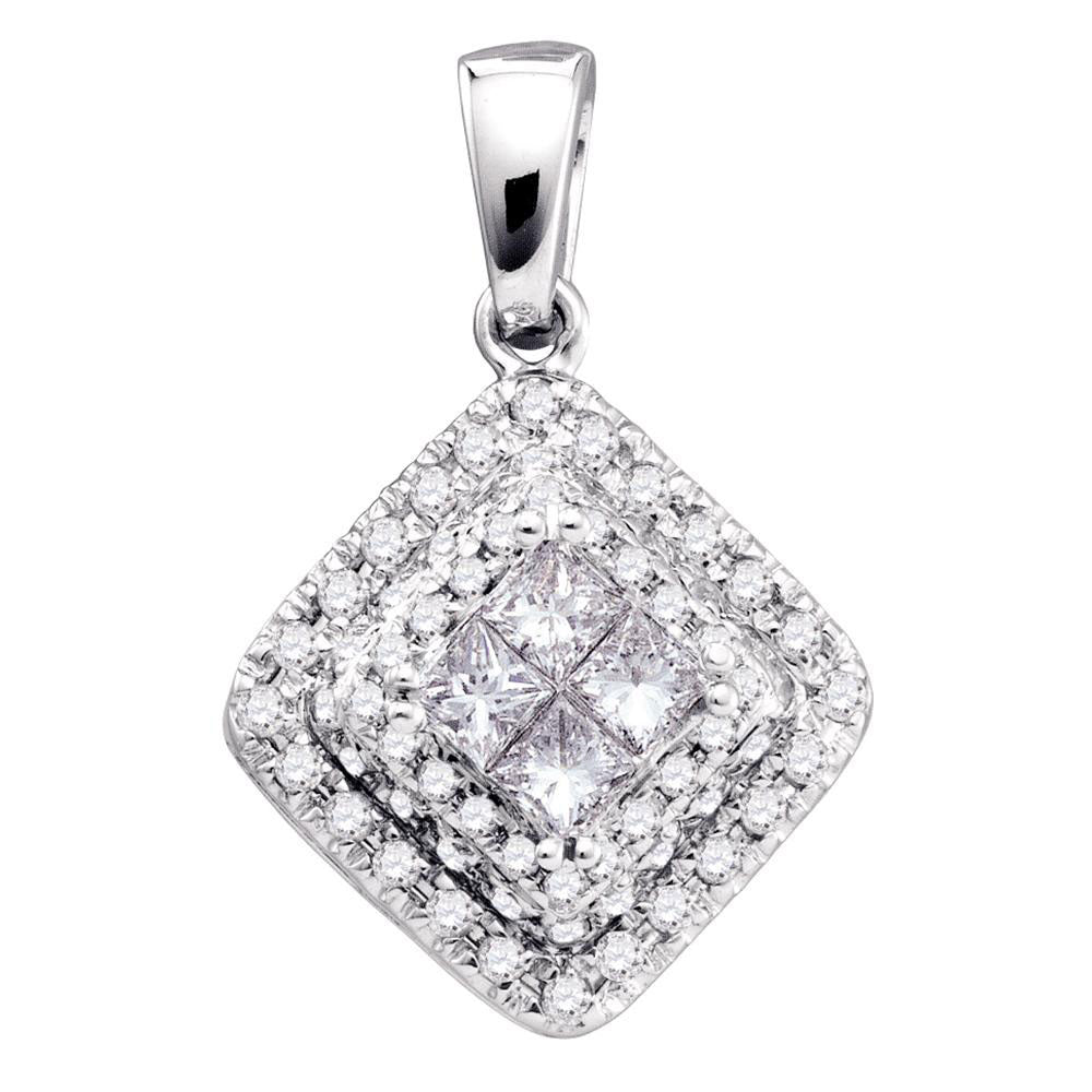 14kt White Gold Women's Princess Diamond Square Frame Cluster Pendant 1/2 ctw