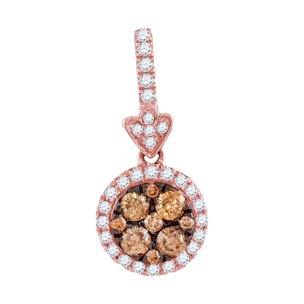 14kt Rose Gold Women's Brown Diamond Circle Frame Cluster Pendant 1/2 ctw
