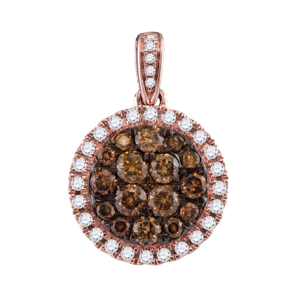 14kt Rose Gold Women's Brown Diamond Circle Cluster Pendant 1 ctw