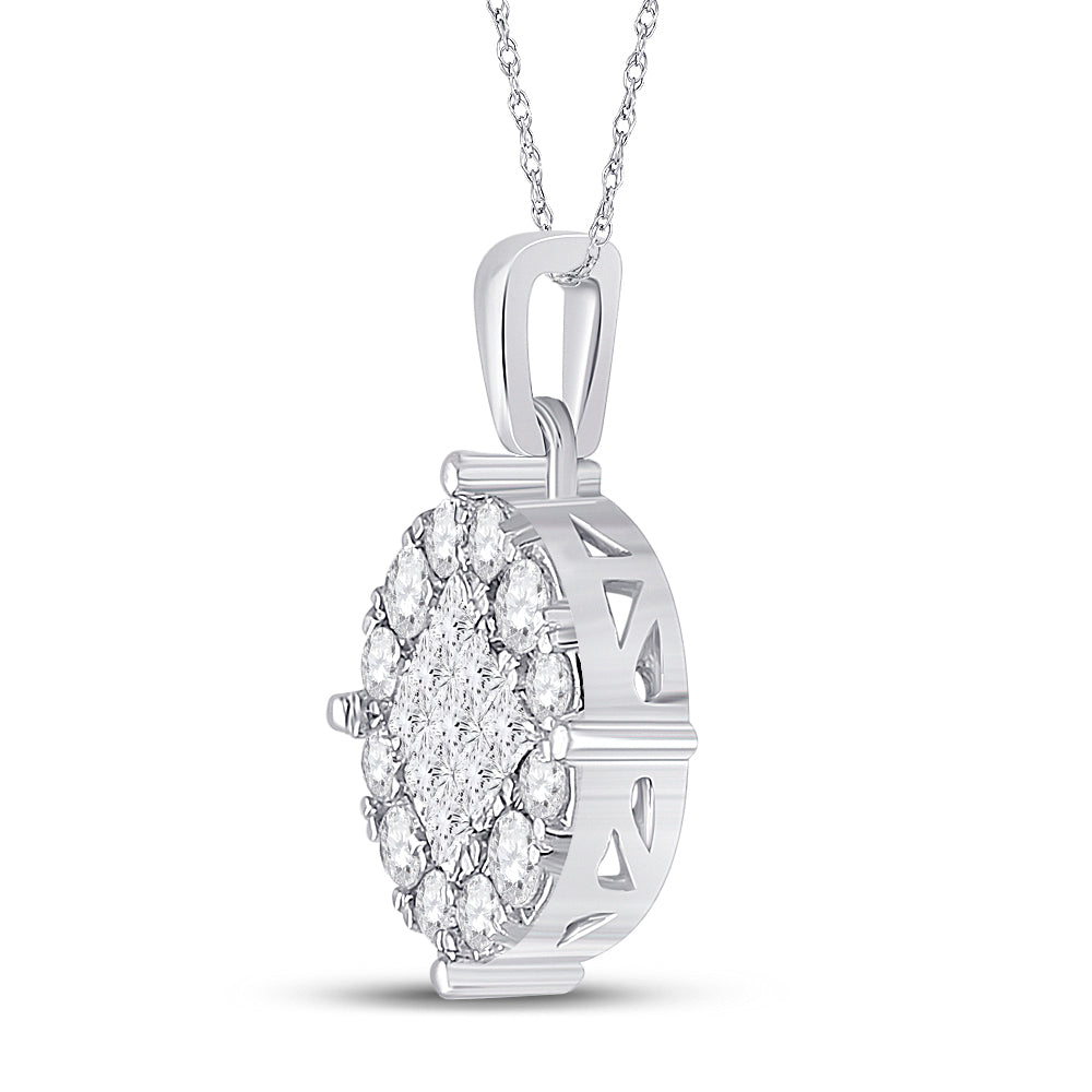 14kt White Gold Women's Princess Diamond Fashion Cluster Pendant 1 ctw