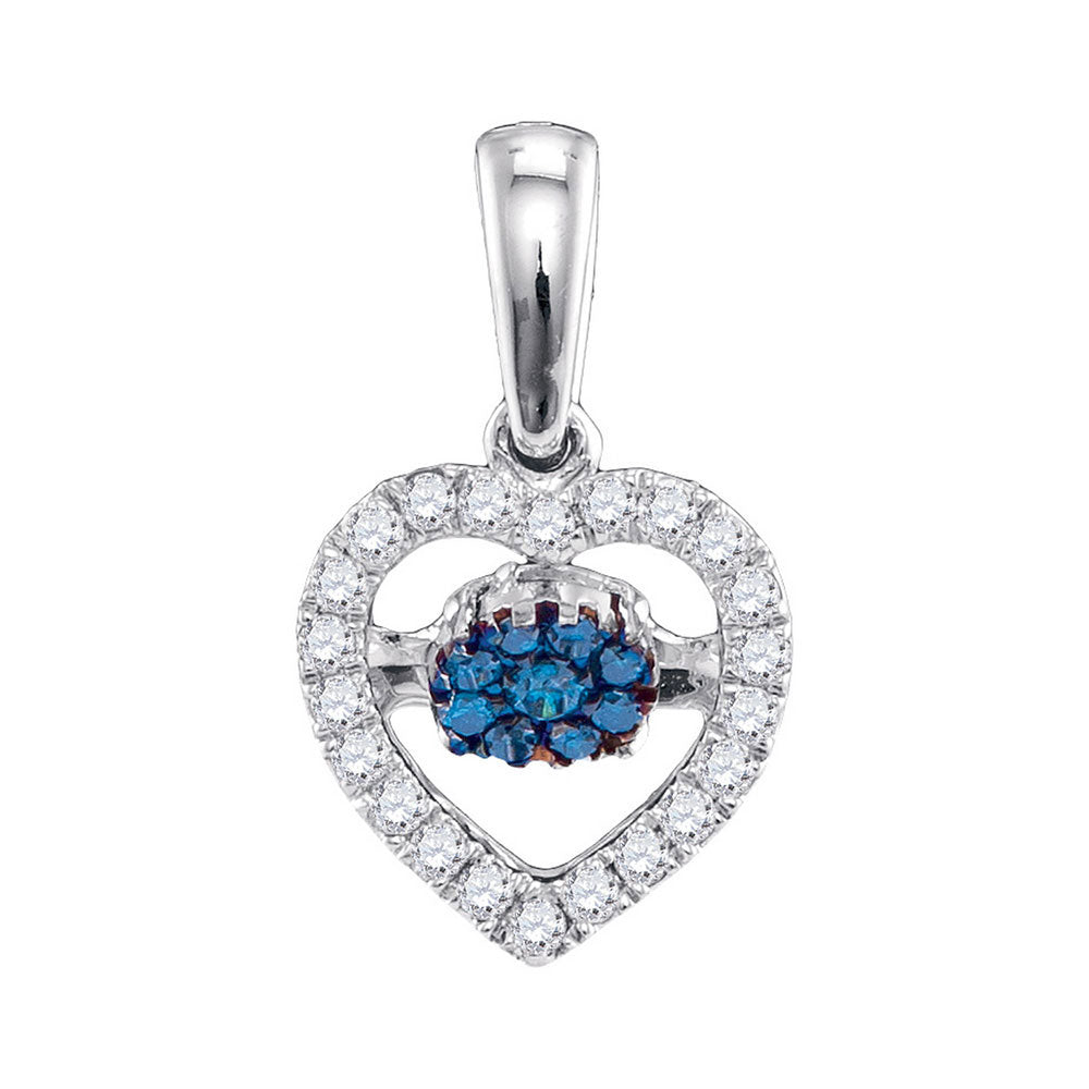 10kt White Gold Women's Blue Color Enhanced Diamond Moving Twinkle Heart Pendant 1/6 ctw