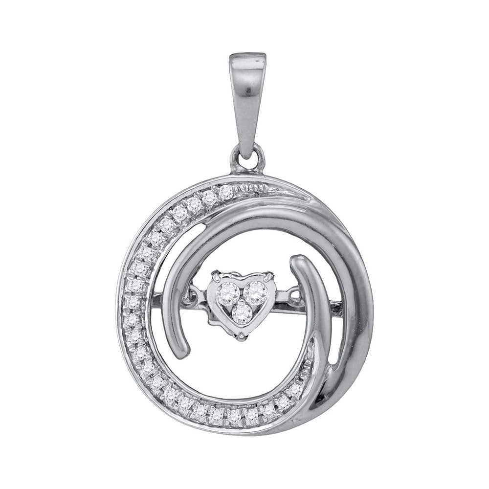 10kt White Gold Women's Diamond Moving Twinkle Heart Circle Pendant 1/8 ctw