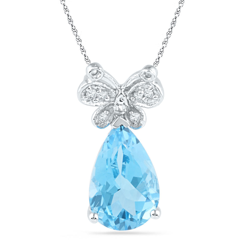 10kt White Gold Women's Pear Lab-Created Blue Topaz Butterfly Bug Diamond Pendant 2-1/2 ctw