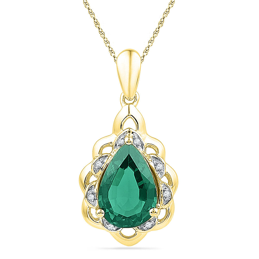 10kt Yellow Gold Women's Pear Lab-Created Emerald Solitaire Diamond Pendant 3-3/8 ctw