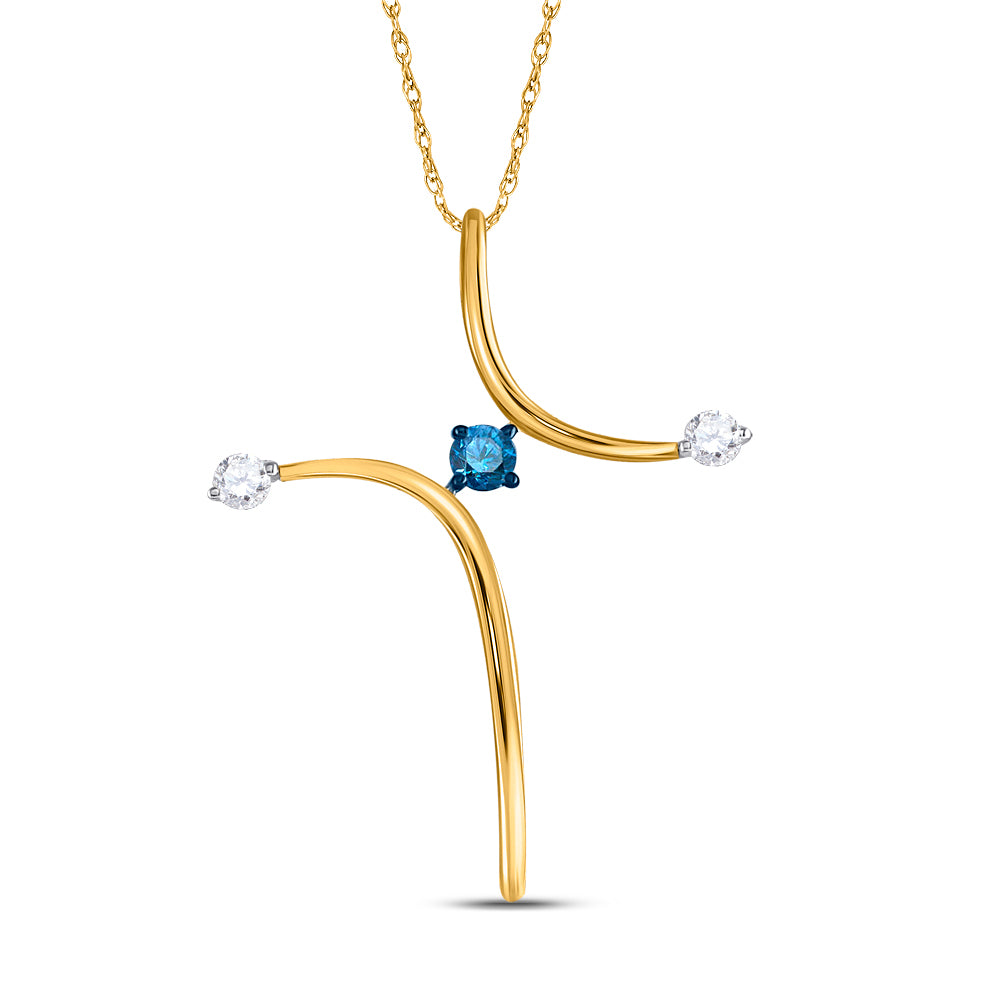 10k Yellow Gold Blue Color Enhanced Diamond Women's Cross Spiritual Pendant 1/4 ctw
