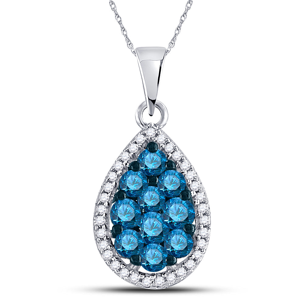 10kt White Gold Women's Blue Color Enhanced Diamond Teardrop Cluster Pendant 3/4 ctw