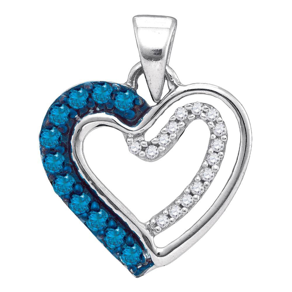 10kt White Gold Women's Blue Color Enhanced Diamond Double Nested Heart Pendant 1/5 ctw