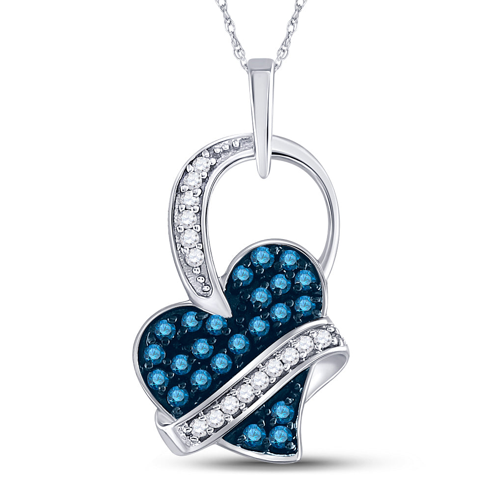 10kt White Gold Women's Blue Color Enhanced Diamond Captured Heart Pendant 1/3 ctw