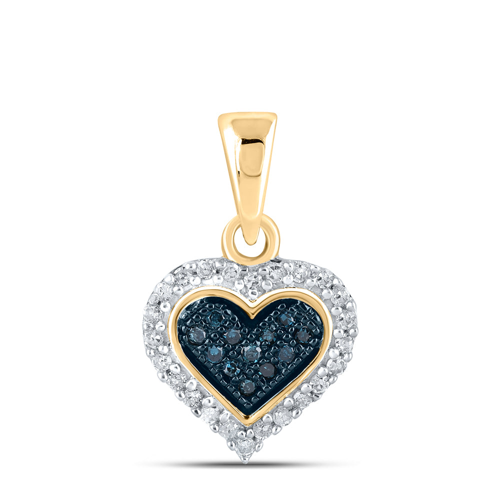 10kt Yellow Gold Women's Blue Color Enhanced Diamond Cluster Small Heart Pendant 1/8 ctw