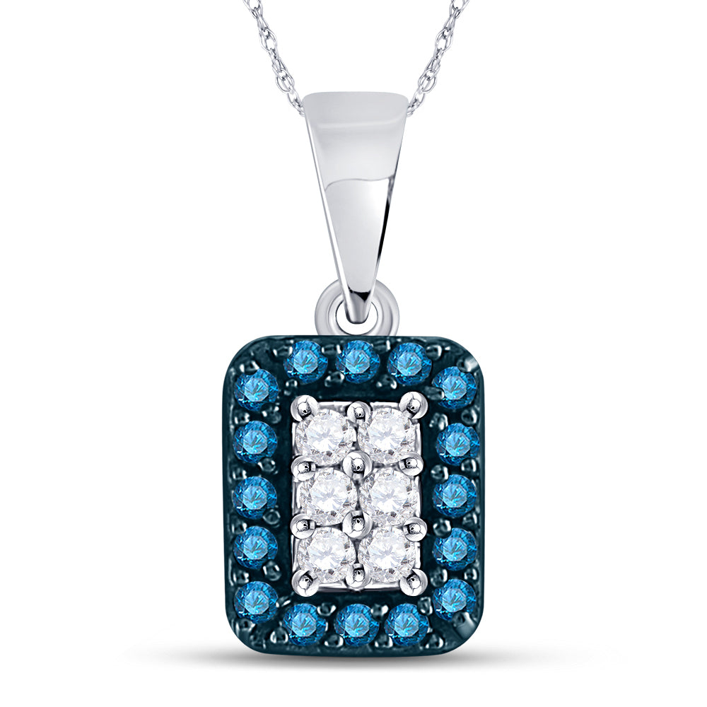 10kt White Gold Women's Blue Color Enhanced Diamond Rectangle Frame Cluster Pendant 1/5 ctw