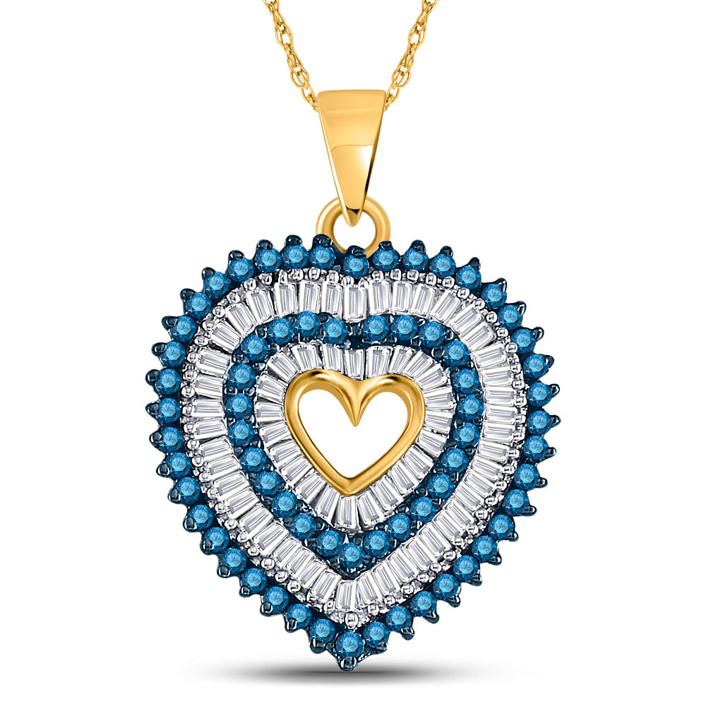 10kt Yellow Gold Women's Blue Color Enhanced Diamond Heart Outline Pendant 7/8 ctw