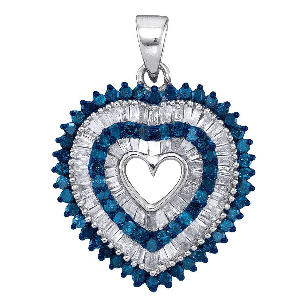 10kt White Gold Women's Blue Color Enhanced Diamond Heart Outline Pendant 7/8 ctw