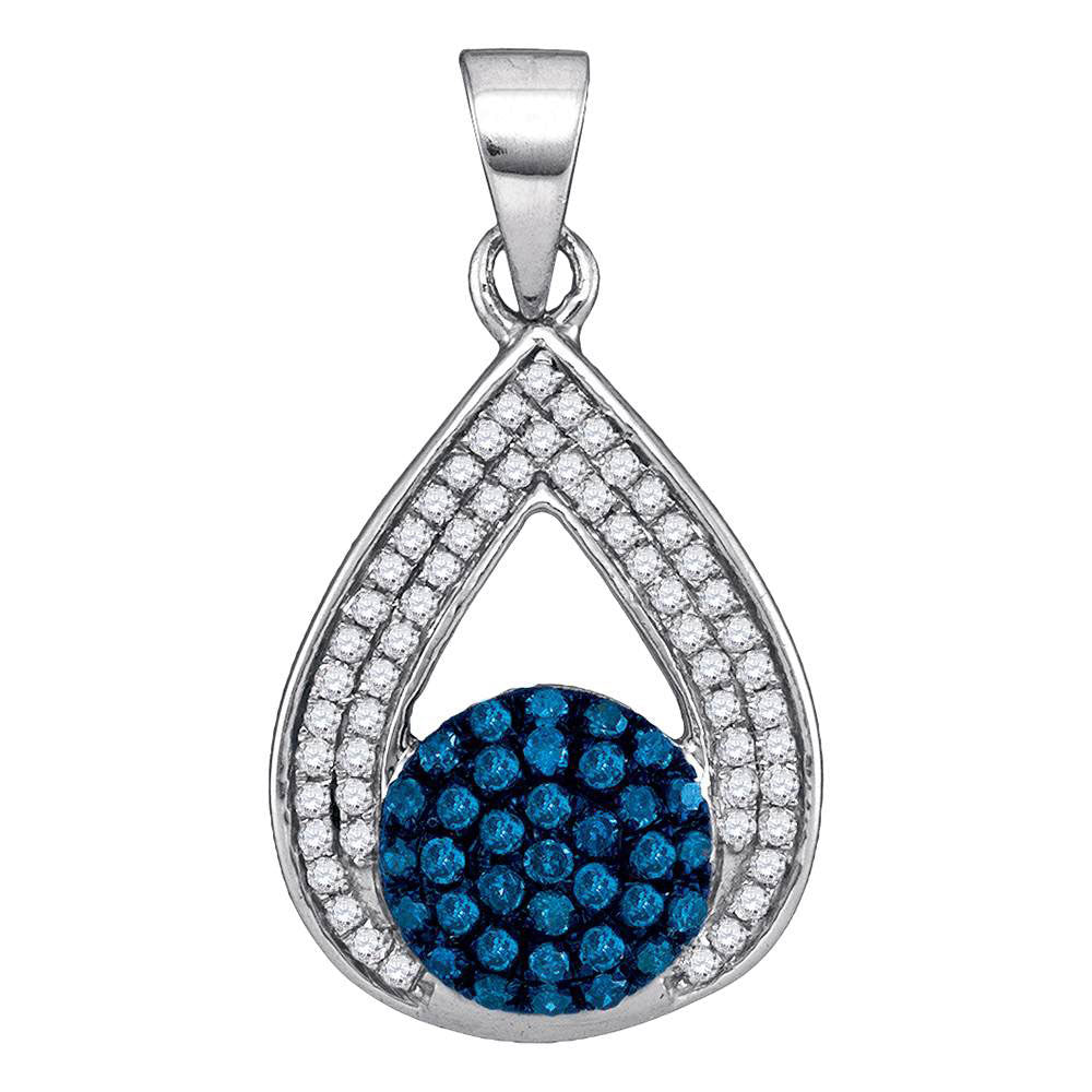 10kt White Gold Women's Blue Color Enhanced Diamond Teardrop Cluster Pendant 1/3 ctw