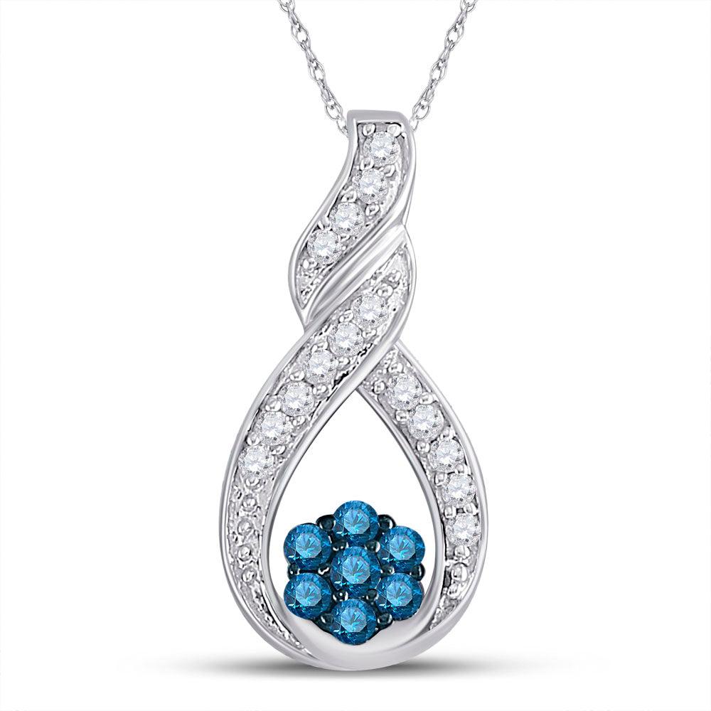 10kt White Gold Women's Blue Color Enhanced Diamond Cradled Cluster Pendant 1/4 ctw