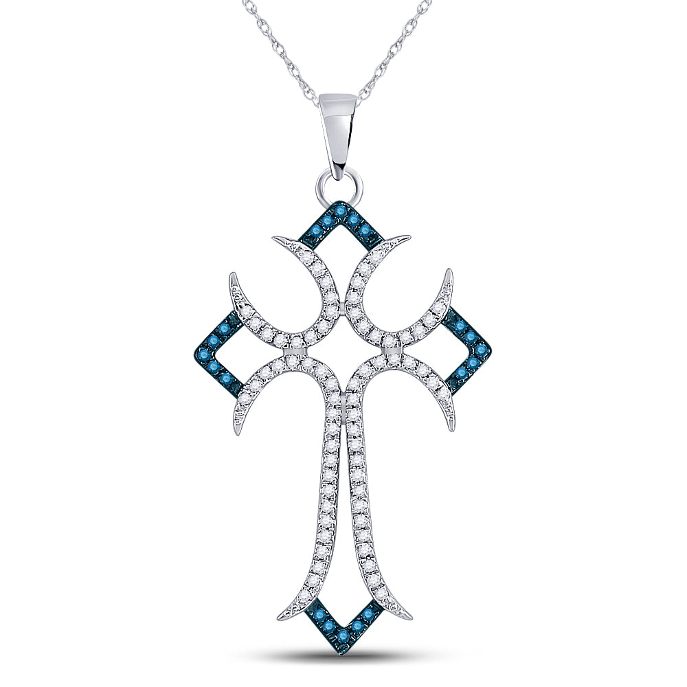 10kt White Gold Women's Blue Color Enhanced Diamond Flared Cross Pendant 1/4 ctw