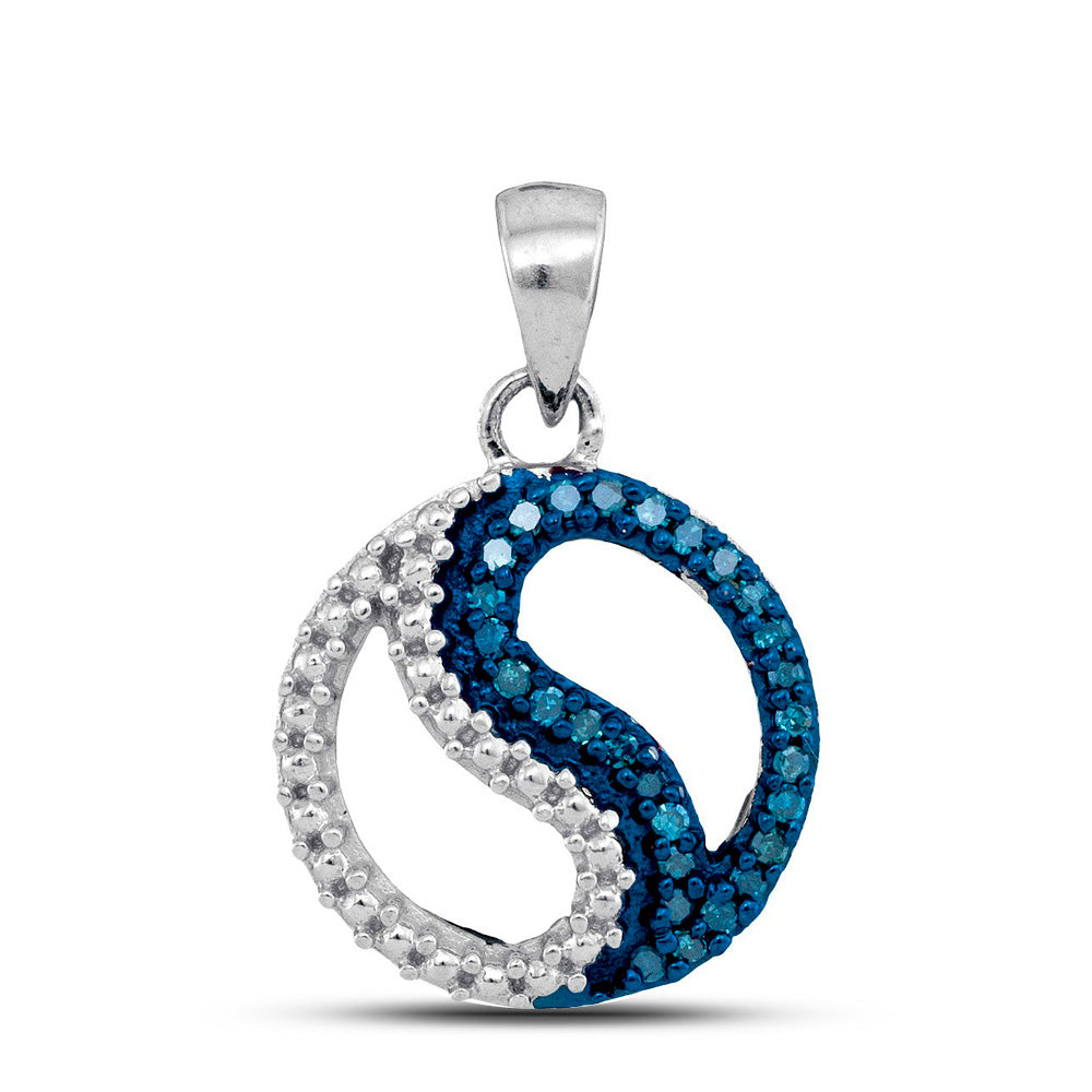10kt White Gold Women's Blue Color Enhanced Diamond Circle Ying Yang Pendant 1/10 ctw