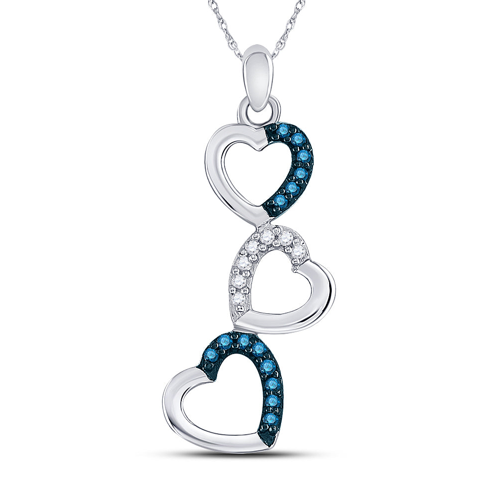 10kt White Gold Women's Blue Color Enhanced Diamond Triple Cascading Heart Pendant 1/6 ctw
