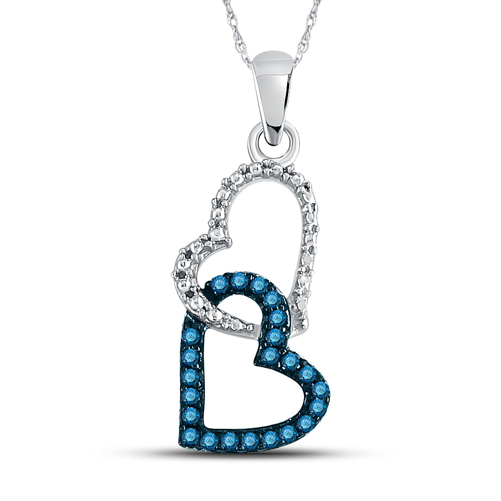 10kt White Gold Women's Blue Color Enhanced Diamond Double Heart Dangle Pendant 1/6 ctw