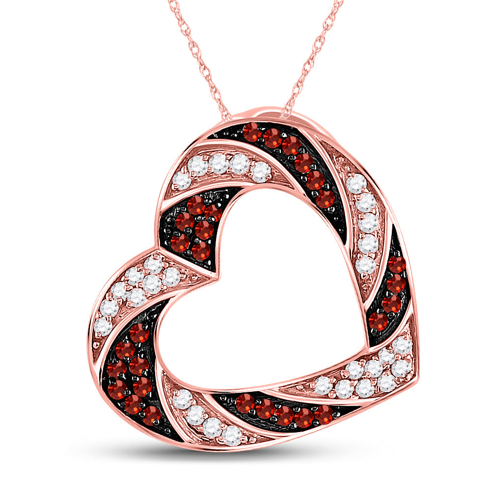 10kt Rose Gold Women's Red Color Enhanced Diamond Alternating Stripe Heart Outline Pendant 1/2 ctw