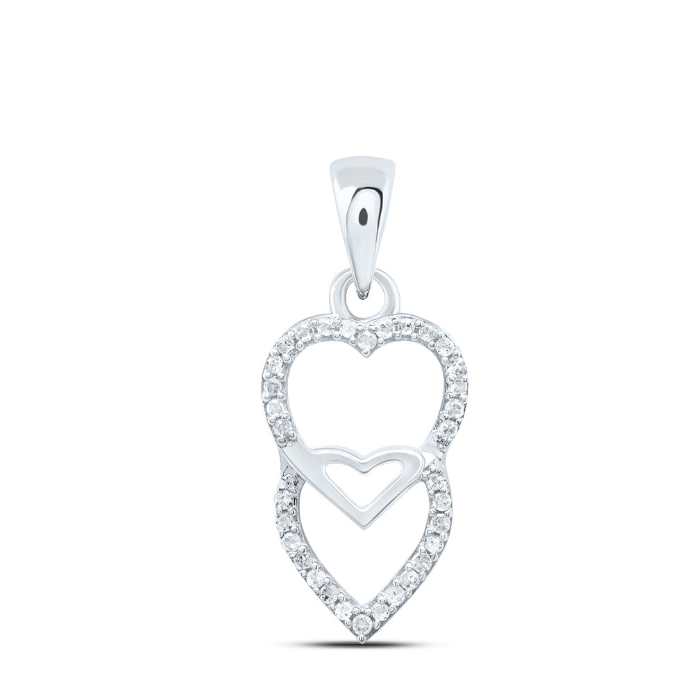 10kt White Gold Women's Diamond Double Hanging Heart Pendant 1/10 ctw