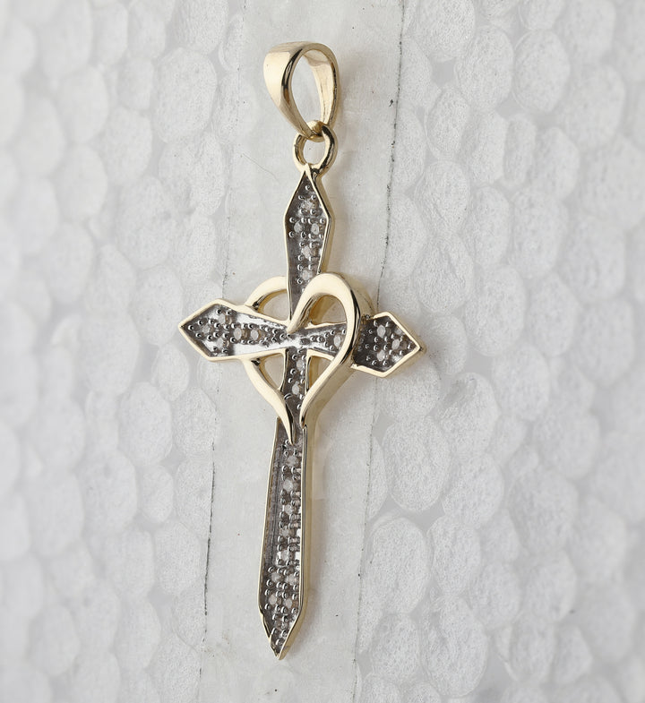 10kt Yellow Gold Women's Diamond Cross Heart Pendant 1/10 ctw
