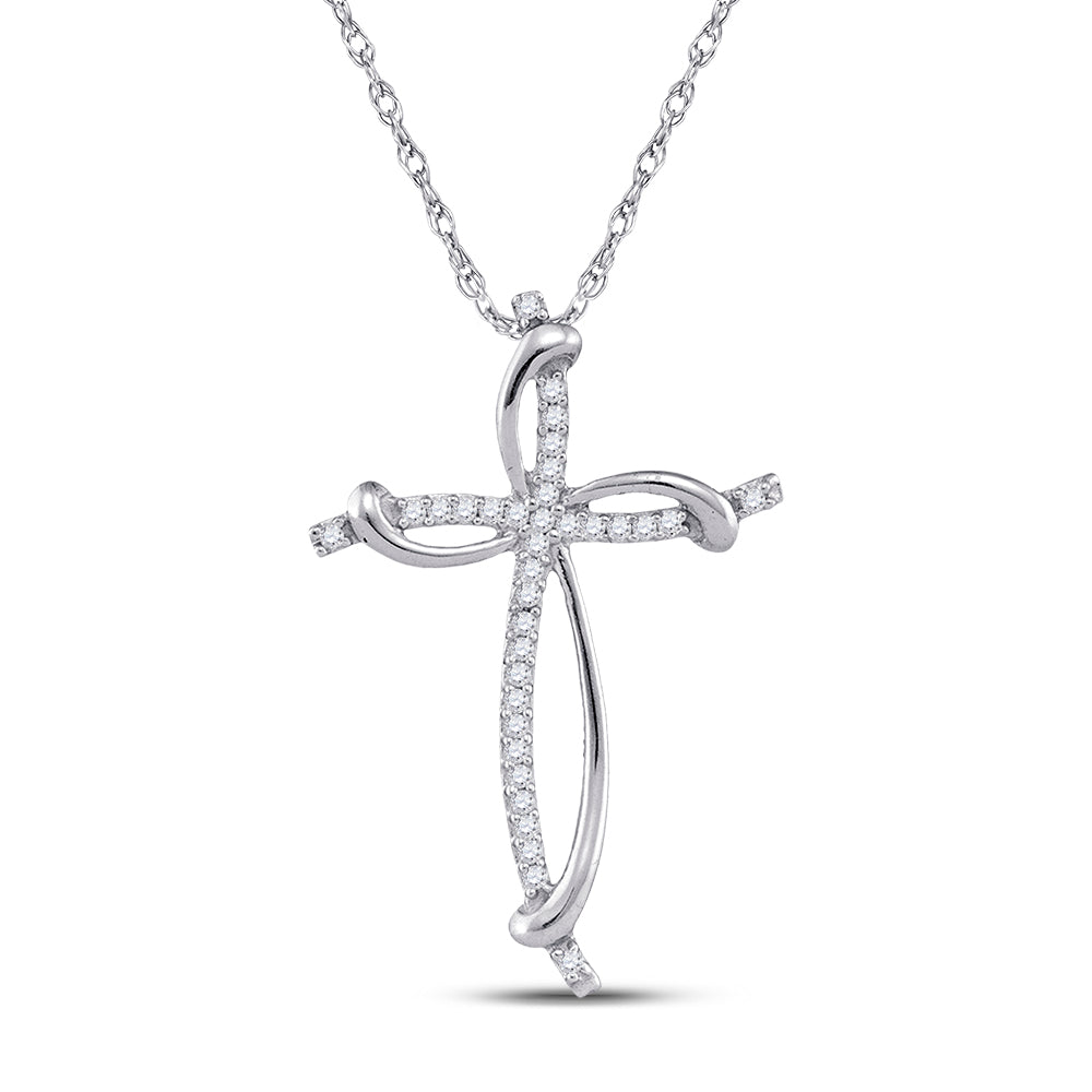 10kt White Gold Women's Diamond Slender Curved Open Cross Pendant 1/10 ctw