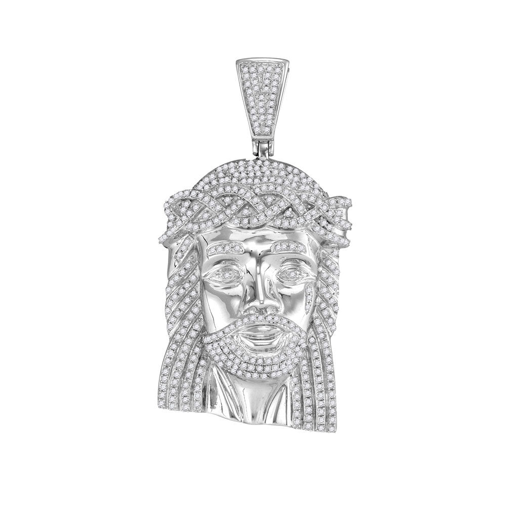 10kt White Gold Men's Diamond Jesus Head Messiah Charm Pendant 1-5/8 ctw