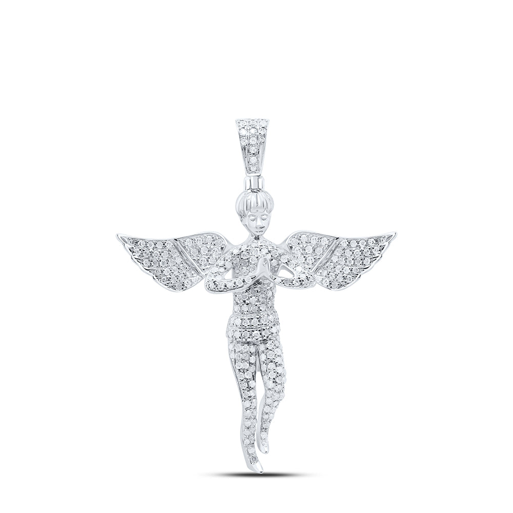 10kt White Gold Men's Diamond Angel Wings Religious Charm Pendant 1 ctw