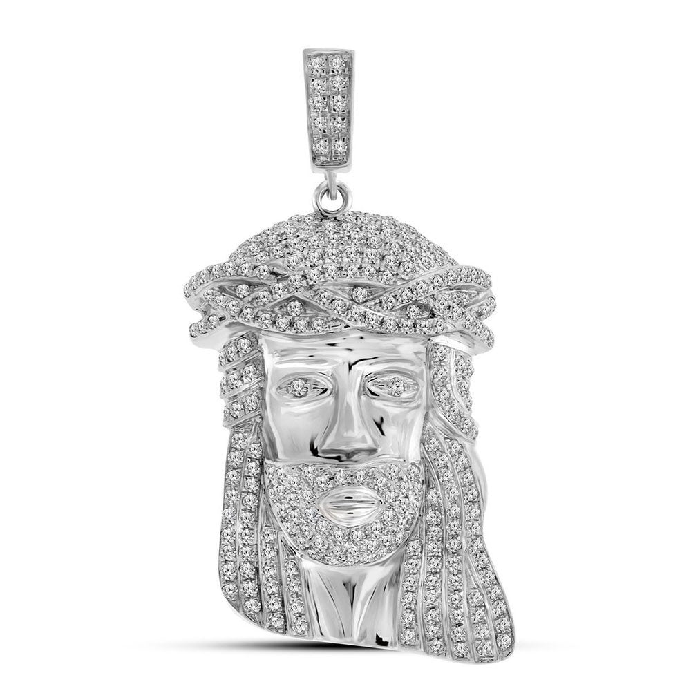 10kt White Gold Men's Diamond Jesus Christ Face Charm Pendant 1-1/4 ctw