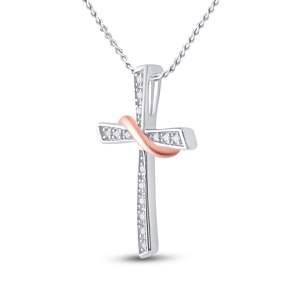 10kt White Gold Women's Diamond Rose Cross Pendant 1/20 ctw