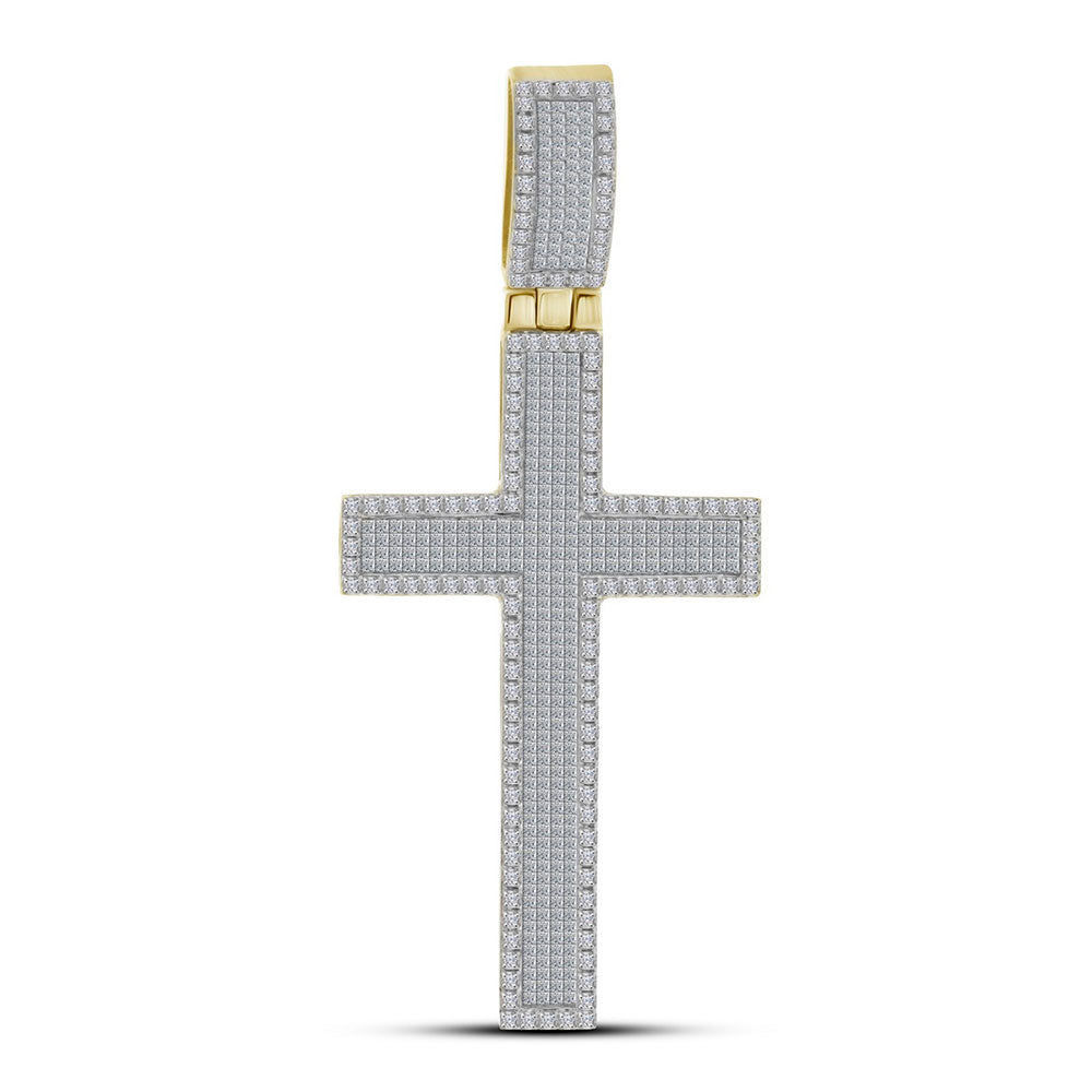 10kt Yellow Gold Men's Princess Diamond Raised Edge Cross Charm Pendant 2-3/8 ctw