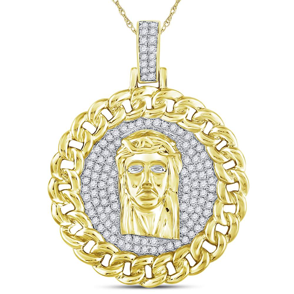 10kt Yellow Gold Men's Diamond Cuban Link Circle Jesus Face Pendant 1 ctw