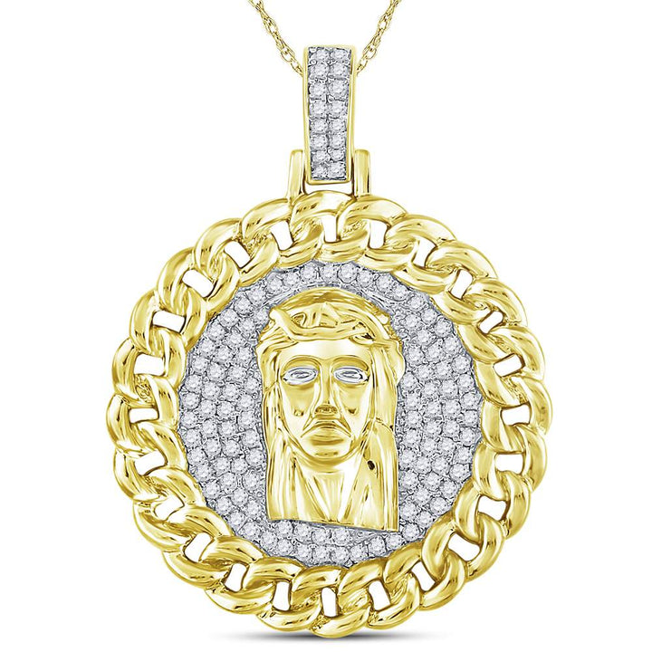 10kt Yellow Gold Men's Diamond Cuban Link Circle Jesus Face Pendant 1 ctw