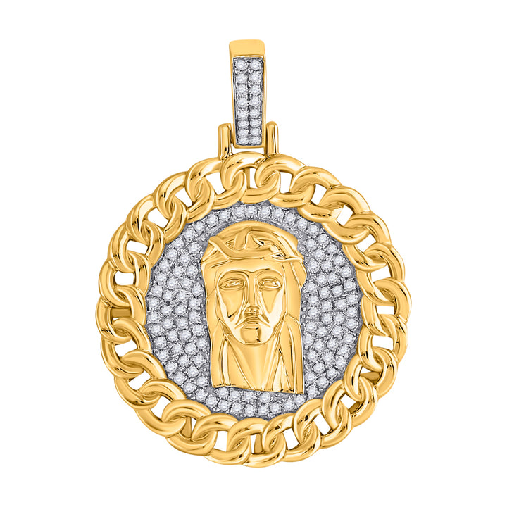 10kt Yellow Gold Men's Diamond Cuban Link Circle Jesus Face Pendant 1 ctw - view 2