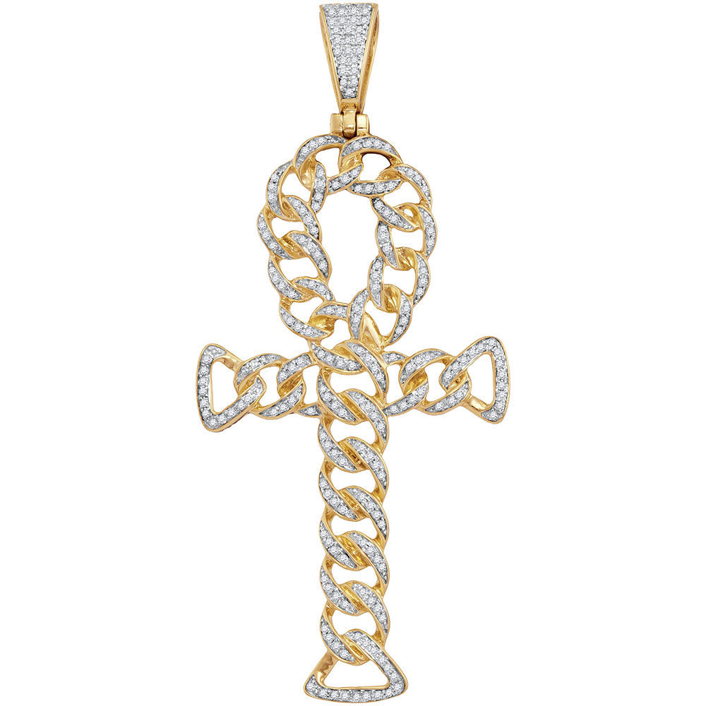 10kt Yellow Gold Men's Diamond Ankh Cross Cuban Link Charm Pendant 7/8 ctw