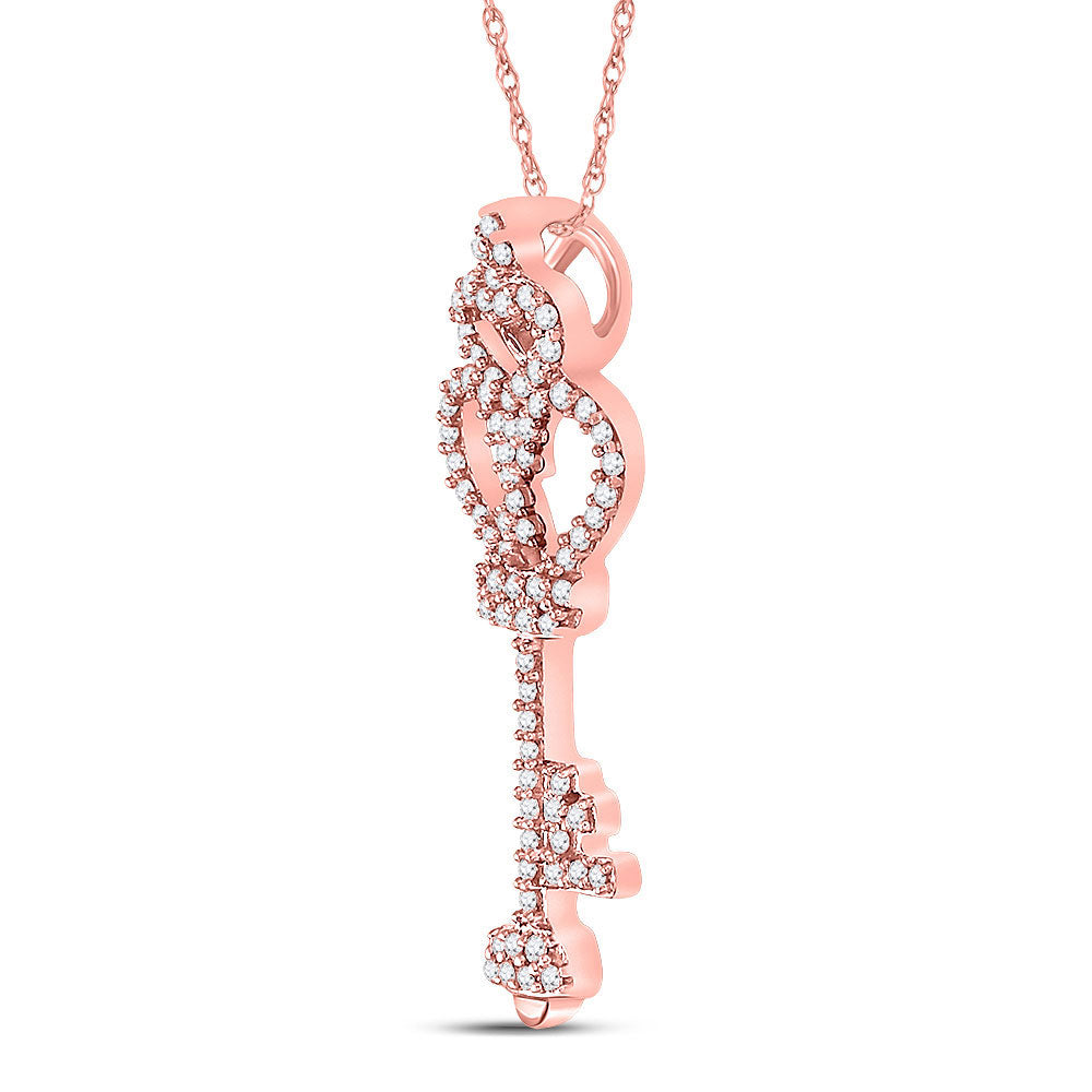 10kt Rose Gold Women's Diamond Trefoil Heart Key Pendant 1/5 ctw